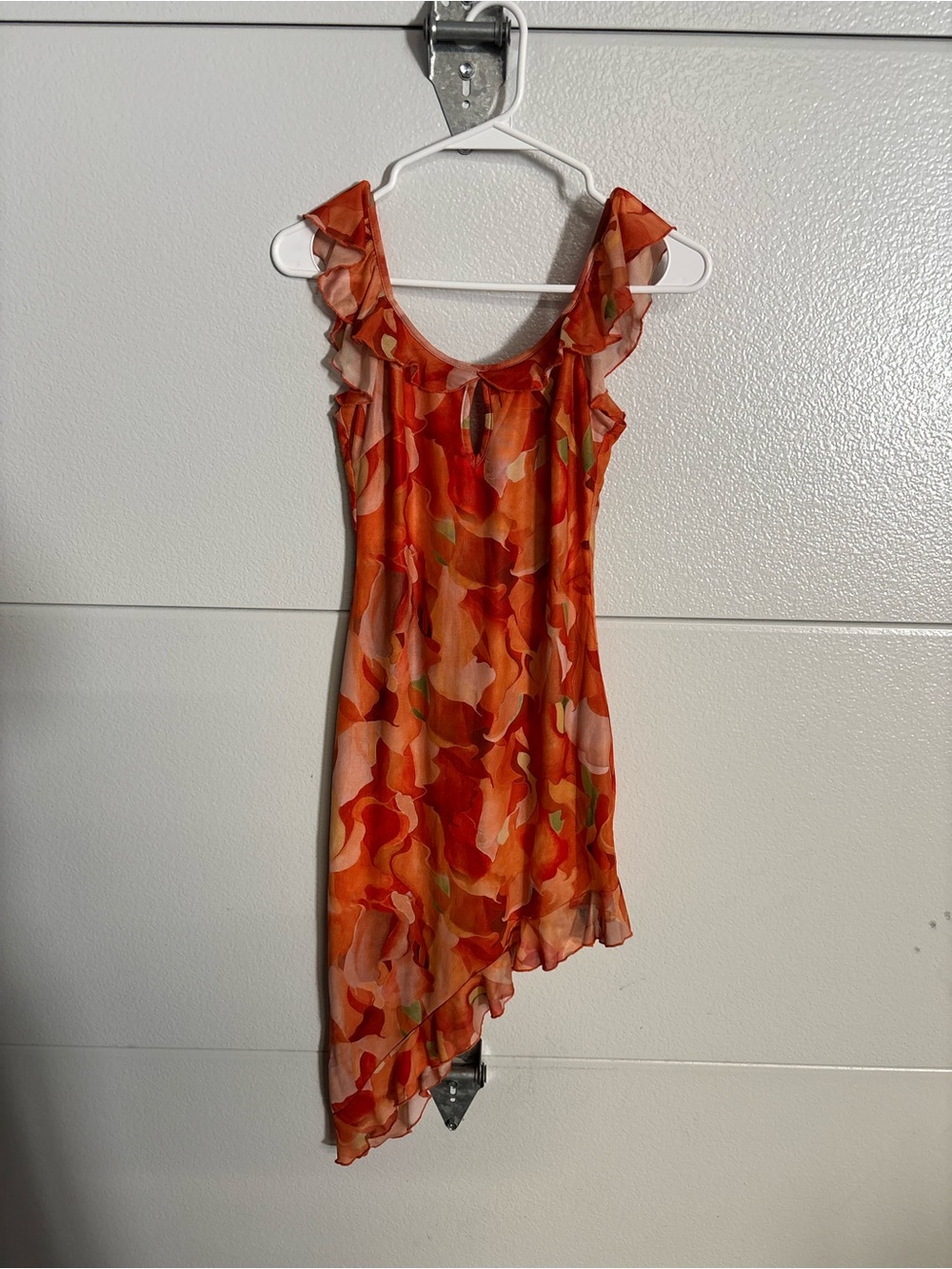Asymmetrical Ruffle Mini Dress in Orange Floral